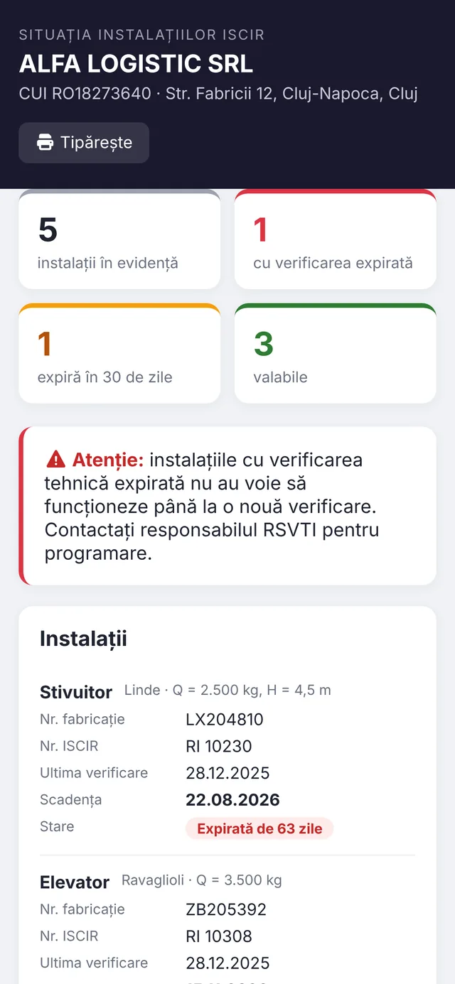 Pagina de vizualizare pentru client pe telefon