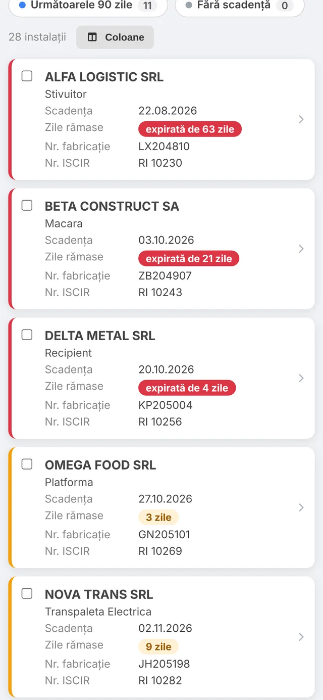 Lista instalațiilor pe telefon, sub formă de carduri